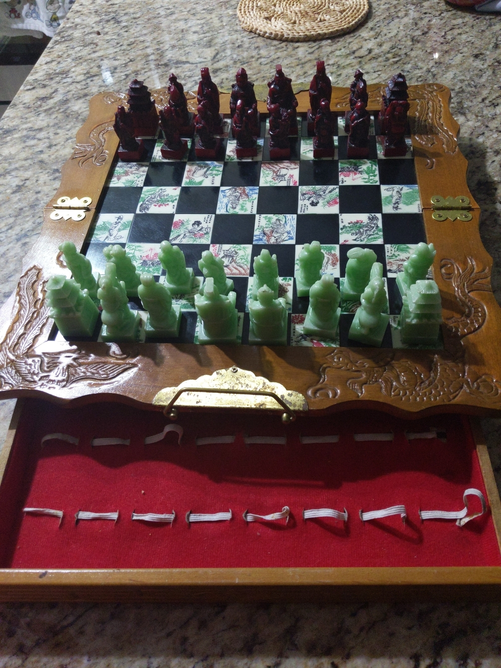 Vintage Chinese carved Kwangyin figure soapstone chess set